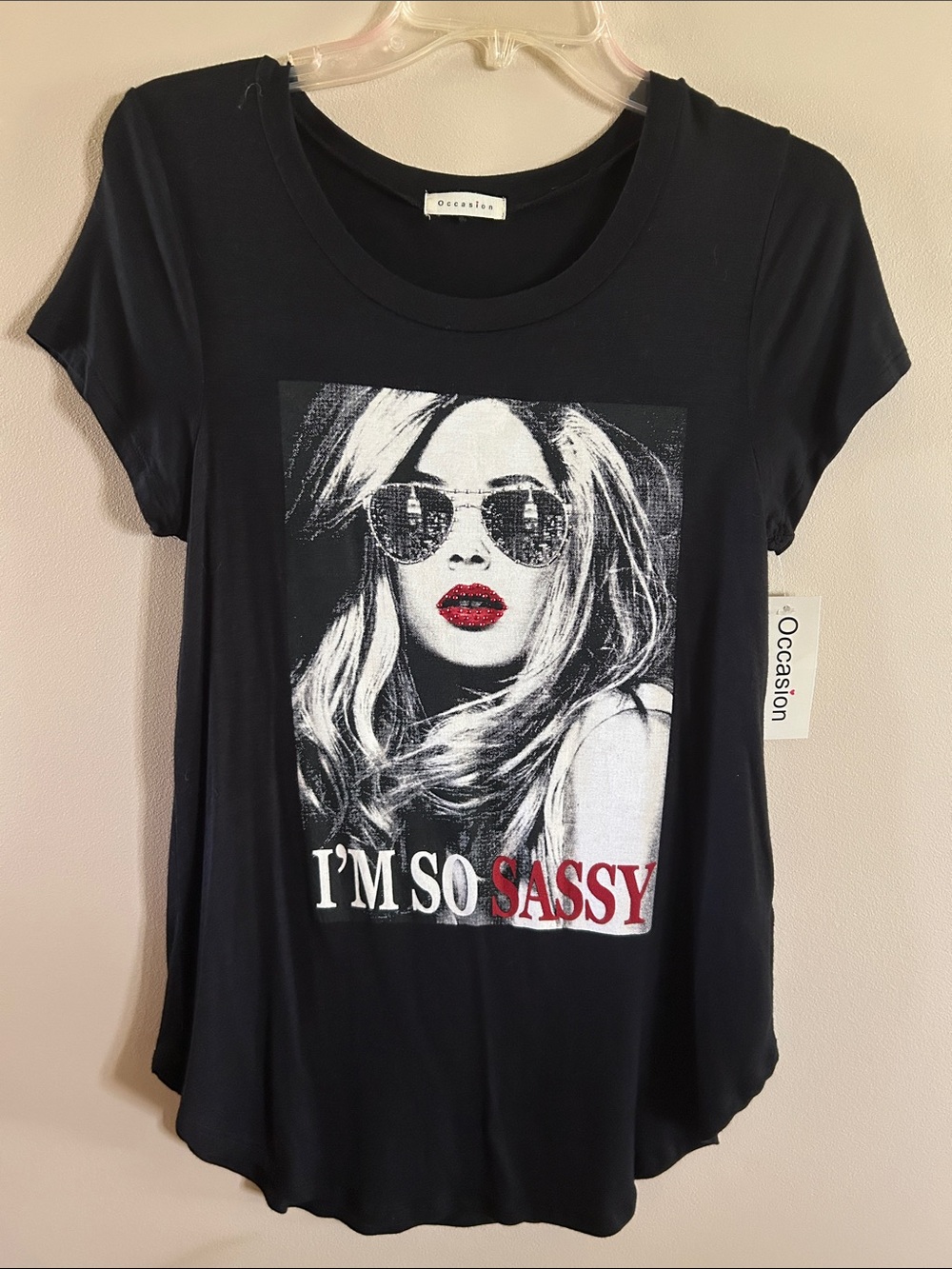 Occasion Black Graphic Tee with Red Accent Lips and Lettering
